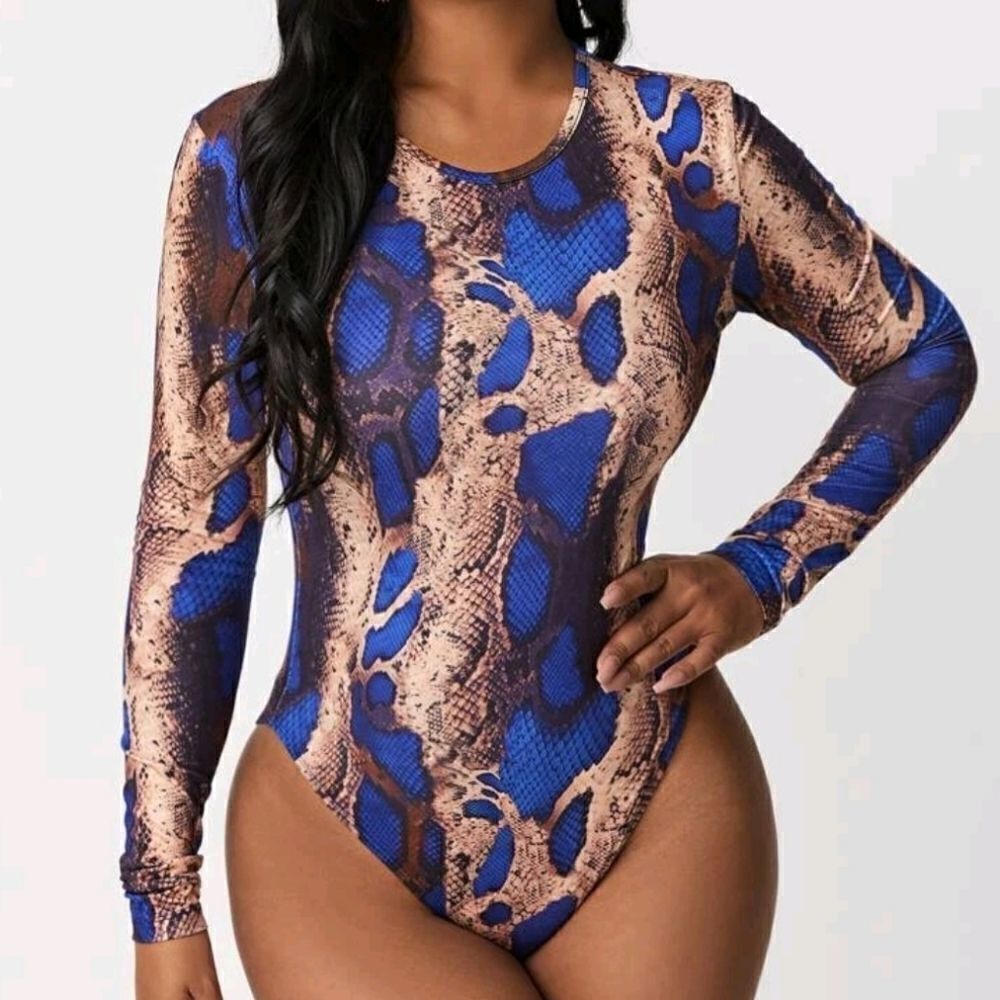 Blue & Earthtoned Snakeskin Print Bodysuit S(4)
